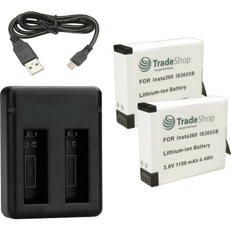 3in1 Set: 2x Trade-Shop Li-Ion Akku IS360XB + Dual Ladegerät Ladestation inklusive Micro-USB Kabel für Insta360 ONE X Kamera (1/4)