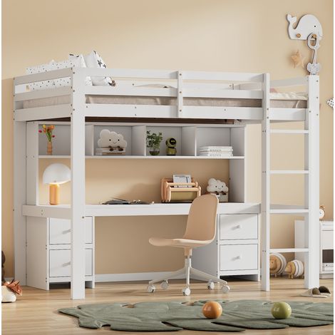 Hochbett Kiefernholz und MDF Weiß 90x200 cm mit Schreibtisch, 4 Schubladen und 4 Ablagefächern (1/5)