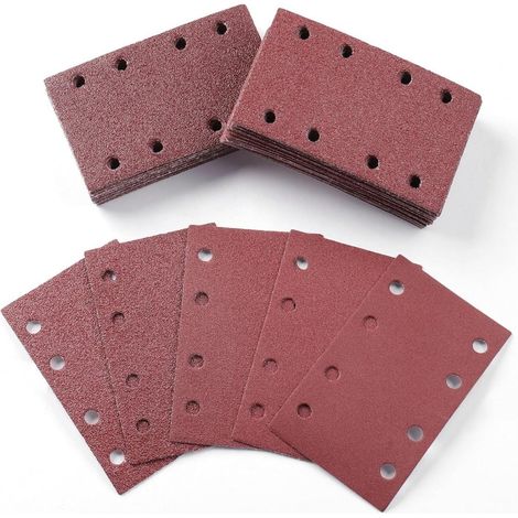 Papier Abrasif - 80 x 133 mm - Grains 40 60 80 120 240 - Avec Bande Velcro Et 8 Trous - Pour Ponceuses Rectangulaires - 50 Feuilles