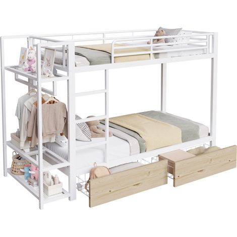 Lit superposé 90x200 cm en métal et MDF, 2 tiroirs, étagères multiples, LED connectée, barre de séchage, blanc, sans matelas - CHICFURN (1/5)