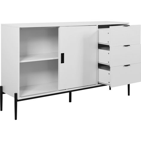 Aparador con 2 Puertas de Vidrio Acanalado y 3 Cajones, Estilo Clásico, en Tablero de Partículas, Blanco (1/5)