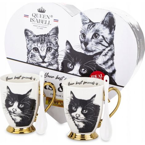 Un elegante juego de dos tazas con la imagen de un gato, ideal para regalar. (1/5)