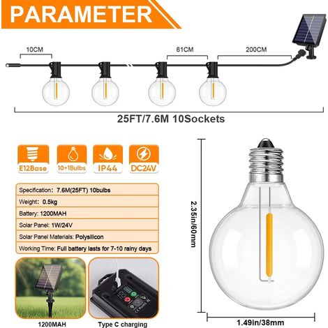 Guirlande lumineuse solaire d'extérieur G40 (7,6 m - 25 pi - 10 ampoules - Télécommande incluse) - 24 V - Étanche - Idéale pour jardin, terrasse ou café. (1/5)