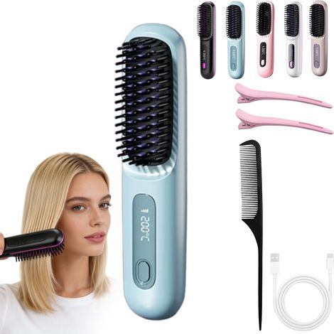 Heated Brush for Short Hair, Portable Rechargeable Straightener, Adds Volume in 2 Minutes, Portable and Rechargeable Styling Brush for Travel and Daily Use (1E)