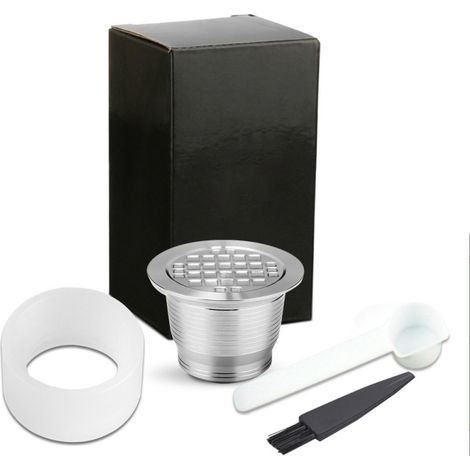 Compatible avec les capsules de café Nespresso en acier inoxydable. Filtre à café réutilisable et rechargeable avec goupillon, cuillère et anneau de pression. (1/5)