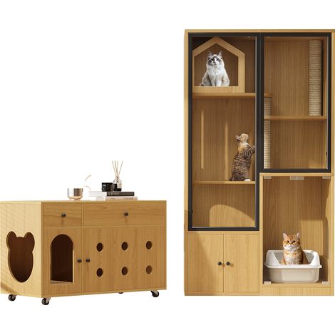 Katzenhaus Katzenvilla und multifunktionale Katzenklo-Kommode – modernes Möbelstück aus Glas und Ahornholz mit integriertem Stauraum, für mehrere Katzen geeignet – Farbe Ahorn und Gelb