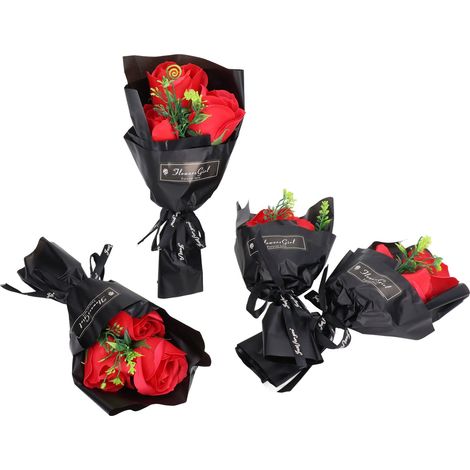 Bouquet de 4 roses en savon rose, décoration romantique pour bureau, cadeau idéal Saint-Valentin, fleurs artisanales parfumées, présent élégant pour fête, lot de fleurs de bain décoratives. (1/5)