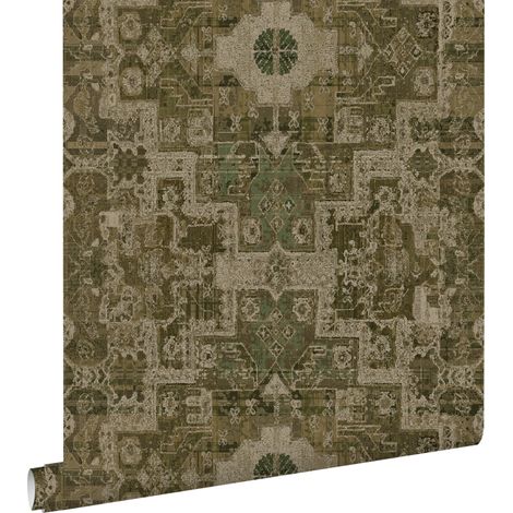 papier peint tapis patchwork kilim oriental vert olive grisé - ESTAhome (1/5)
