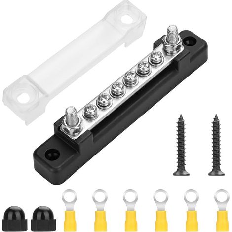 150A Bus Bar Distribution Box with 2 x M6 Studs and 6 x M4 Screws, 12V-48V Covered Earth Junction Distribution Terminal Kit for Car, Boat, Caravan, RV (1/5)