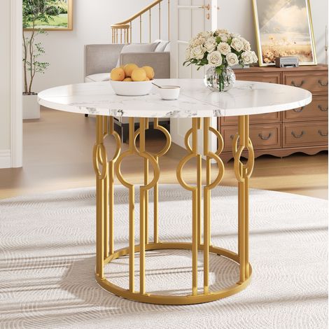 Mesa de comedor redonda 100 x 100 x 76 cm, efecto mármol, patas metálicas, blanco y dorado DESVIAE (1/5)