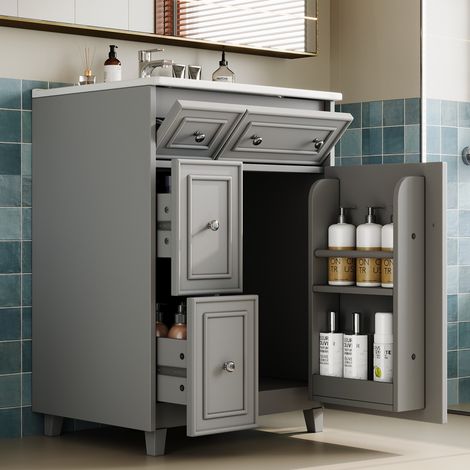 Meuble sous vasque avec vasque en céramique intégrée - meuble de salle de bain autoportant Gris - moderne à tiroirs et porte, 61x47x87 cm (1/5)