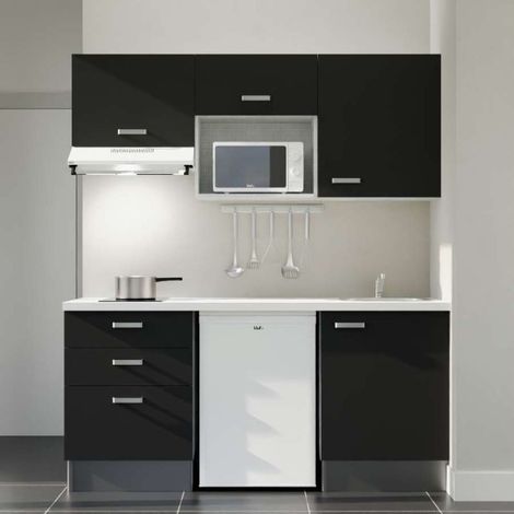 Kitchenette K20 Noir - Plan de travail Blanc - Crédence : Non - Evier (1/4)