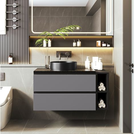 Meuble lave-mains MDF noir et gris avec vasque ronde noire, tiroirs et plan en marbre (1/5)