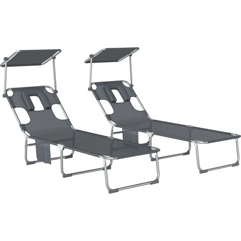 Set aus 2 klappbaren, verstellbaren Sonnenliegen mit 360°-Sonnendach, Gesichtsöffnung, Seitentasche und 550 g/m² Textilene – Grau