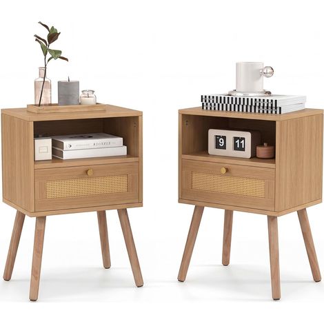 Lot de 2 Tables de Nuit en Rotin, Table de Chevet Bois avec Tiroir, 4 Pieds en Pin, Compartiment Ouvert, Table d'Appoint pour Salon, Chambre, Naturel (1/5)