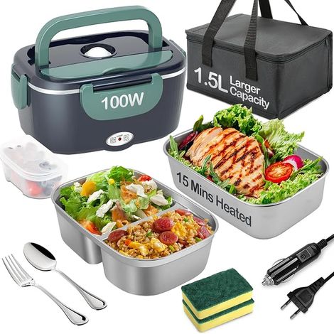 Electric Lunch Box, Stainless Steel Lunch Box 1.5L Removable Bread Box 12V/24V/220V for Car Truck Office (Blue and Green, 1.5L) (1/5)