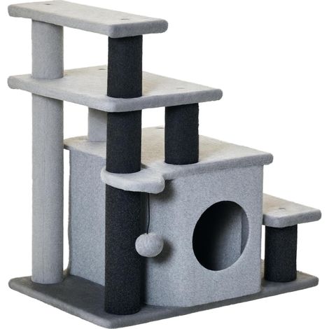 Arbre à chat, escalier pour animaux, 4 marches, balle de jeu, maisonnette, hauteur réglable, noir et gris, 60 x 40 x 66 cm