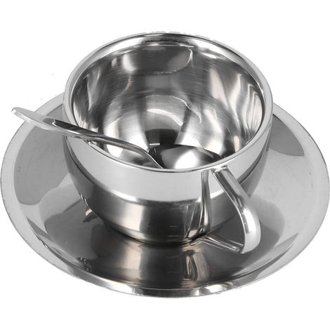 3-teiliges Set isolierter Kaffeebecher aus doppelwandigem Edelstahl mit Untertasse und Löffel, 180 ml (1/5)