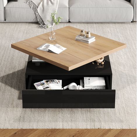 Tavolino da caffè quadrato girevole 70x70x36 cm, piano rotante 360°, vano portaoggetti nascosto, truciolato, noce e nero (1/5)