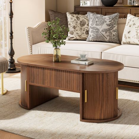 Tavolino ovale rialzabile noce 100x50x40,5 cm, in MDF, con vano portaoggetti e ante scorrevoli