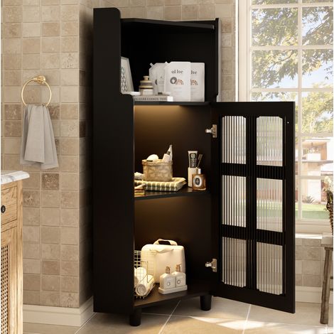 Meuble rangement d'angle LED, MDF noir 2 niveaux HAVRYA (1/5)