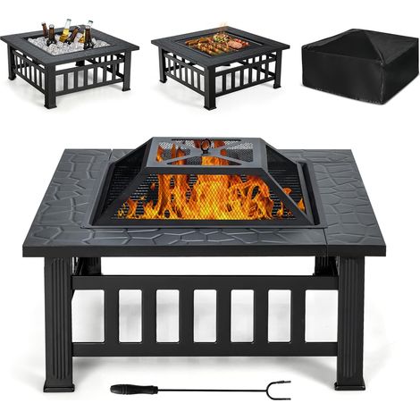 COSTWAY 3 in 1 Feuerschale mit Gitter/ Rost/ Grill/ Schürhaken/ Abdeckung, Outdoor-Feuerstelle 81 x 81 cm Feuerkorb (1/5)