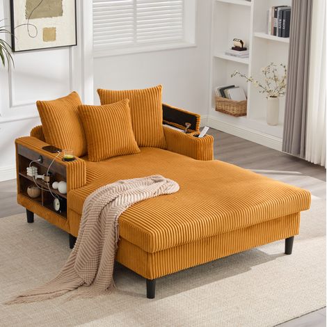 Chaise longue en terciopelo acanalado con LED, USB y almacenamiento, amarillo mostaza DESVIAE (1/5)