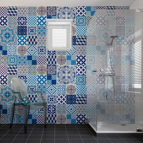 Sticker Mural Carrelage adhésif Cuisine Salle de Bain - 60 STICKERS CARREAUX DE CIMENT AZULEJOS HORTENSIA - 60stickers10x10cm (1/5)