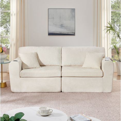 2-Sitzer Relaxsofa aus Chenille mit Seitentasche, Becherhalter und Kissen, Beige HAVRYA (1/5)