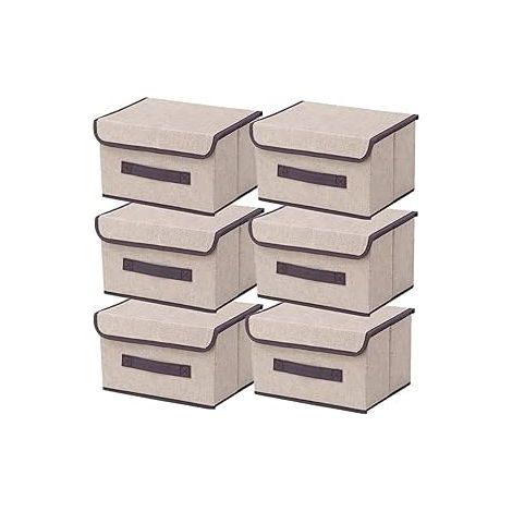 Boite de Rangement avec Couvercle,Boite Rangement Tissu,Cube de Rangement tissu,Pliantes,Boîtes de Rangement pour placards,Vêtements,Penderies,Jouets (26×19×16cm/6pack, Beige Blanc) (1/2)