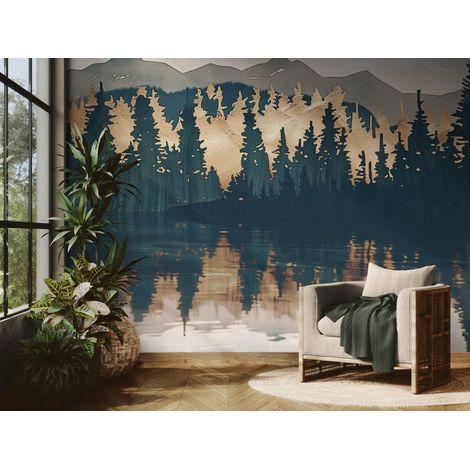 Papier peint Nature – forêt et montagnes en reflet - 150 x 250 cm (1/2)