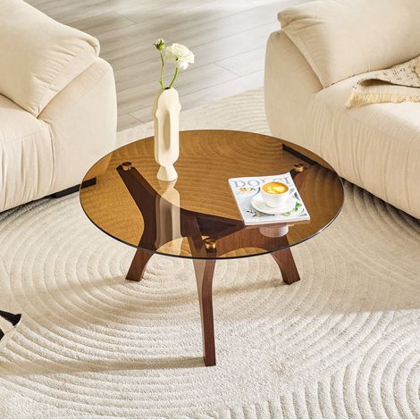Table basse ronde 80 cm pour salon, plateau en verre, structure stable, MDF, style moderne - noyer (1/5)