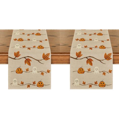 Chemin de table d'Halloween Décoration pour la maison et les fêtes 33 x 183 cm Citrouilles brunes, fantômes, branches et feuilles (2 pièces)