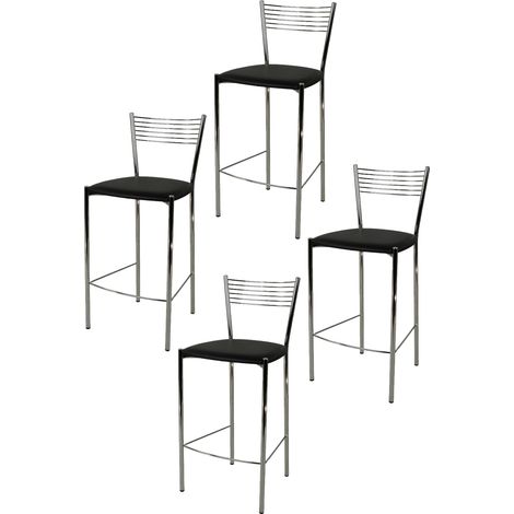 Tommychairs - Set 4 sgabelli alti modello Elegance per cucina e bar, struttura in acciaio cromato e seduta imbottita e rivestita in pelle artificiale colore nero (1/4)