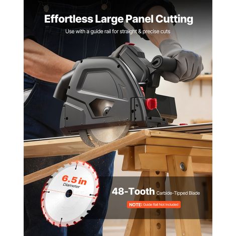 Scie circulaire sur rail plongeante 165.1 mm, kit avec lame carbure 48 dents, réglage angle 0-45°, profondeur 55 mm, bois plastique, sans rail, noir (1/5)