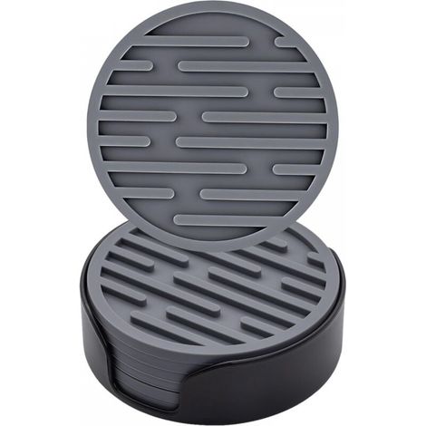 Lot de 6 dessous de verre ronds antidérapants en silicone avec support pour tasses, table, café, bar, boissons, dessous de verre (gris) (1/5)