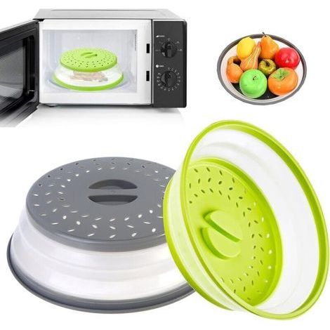 Couvercle Micro-ondes Pliable 2 Pièces – Protection Égouttoir pour Aliments, Légumes et Fruits – Vert & Gris (1/4)