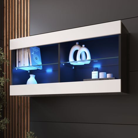 Komodee Vitrine Suspendue Tivoli Horizontal 100, Noir/Blanc, LED Bleues Largeur 100cm x Hauteur 50cm x Profondeur 29,5cm, 2 étagères en verre, pour Salon, Chambre (1/5)