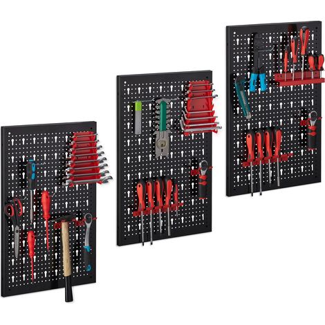 Relaxdays Werkzeugwand 3-teilig, inkl. 17-teiligem Werkzeughalter Set, Lochwand HxB je 60 x 39 cm, Metall, schwarz-rot