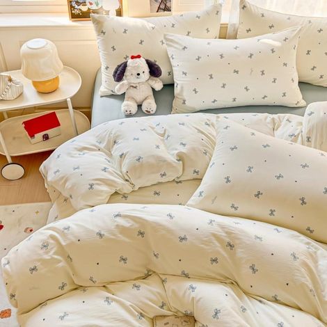 Bettwäsche 220x240 Beige Blau Herzen Schleifen 3-teilig Mikrofaser Oeko-Tex