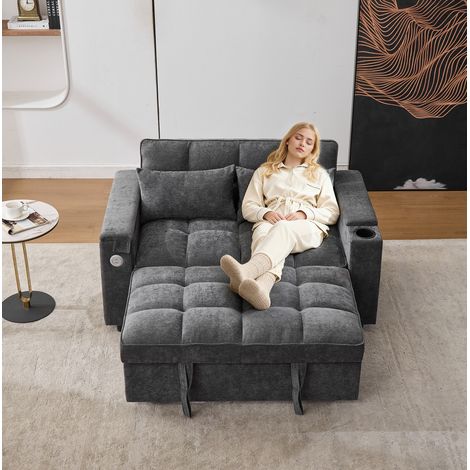 Sofá cama gris con USB y mesa oculta cómodo para salón OKMYHOME (1/5)