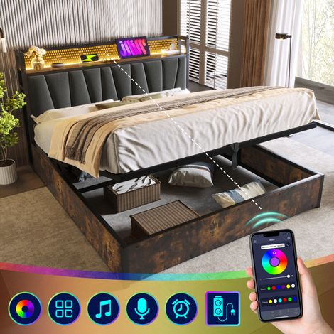 Lit double métal capitonné – LED appli – USB tête de lit – 180x200 – Gris – Sans matelas (1/5)