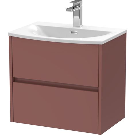Chartley Contemporary Wall Hung 2 Drawer Vanity Basin Unit, Curved Basin, 600mm, Smoked Red (1/4)