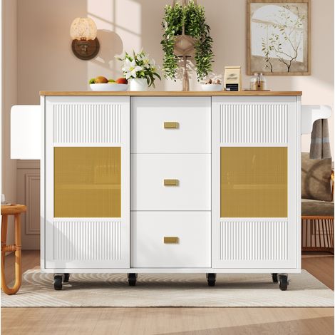 Îlot de cuisine 146.85x70x90 cm blanc en MDF et métal avec plateau rabattable et roulettes (1/5)