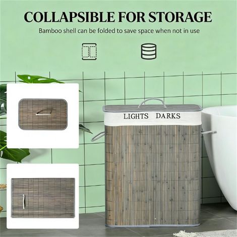 Panier à linge pliable en bambou gris, écologique et robuste, pour l'organisation de la maison (1/5)