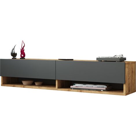 Mueble de TV de 2 puertas 295 x 140 x 315 cm efecto roble rústico / antracita 030007767