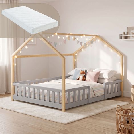 Hausbett Sisimiut mit Matratze und Rausfallschutz 140x200 cm Hellgrau/Natur [en.casa] (1/5)