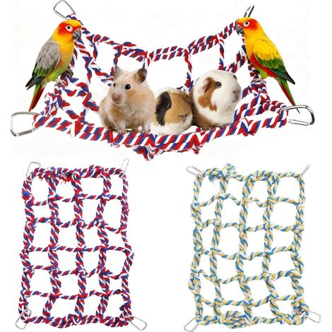 Set mit 2 farbenfrohen Kletternetzen aus Baumwolle für Kleintiere – Rattenkäfigzubehör mit 4 Haken – Hängematte für Ratten, Papageien, Hamster und Frettchen – Strapazierfähiges und waschbares Hängenet (1/5)