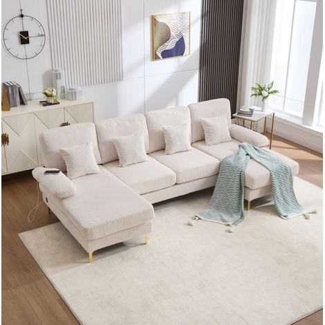 Divano a U 265/135/88 cm beige in velluto con LED e porta USB, seduta profonda e comfort ergonomico (1/5)