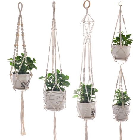 Set mit 4 handgefertigten Makramee-Wandbehängen aus Baumwolle – Verschiedene Größen – Dekoration für drinnen und draußen – Geflochtene Dekoration für Blumentöpfe